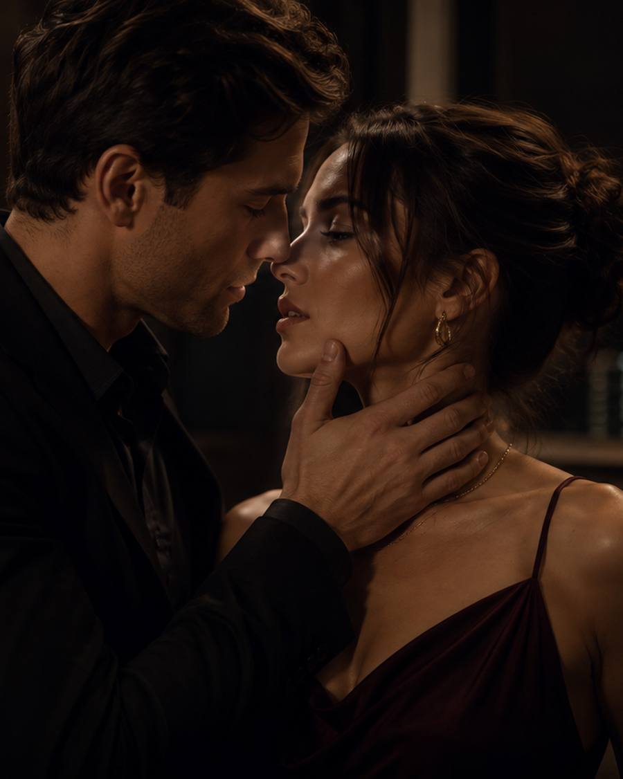 Two people at kissing distance in a dark penthouse bar at night